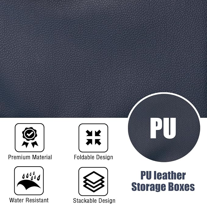 2PCS Storage Bins with Zipper Lid PU leather Storage Boxes Leather Fabric Collapsible Lidded Baskets Cube with Handle Decorative Shelves Closet Organizer Container(Dark Blue, Small Size)