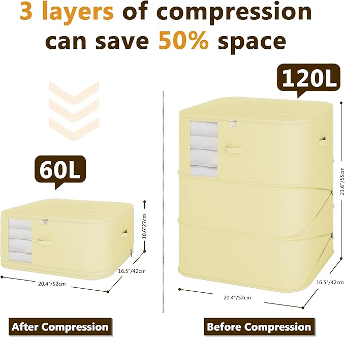 3-Layer Compressible with Zippers Blanket & Comforter Storage Bag,Ultra Space Saving Self Compression Organizer，Save 50% Space, 2 PCS，Light Yellow