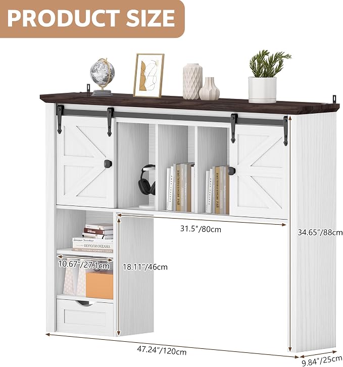 Large Desktop Bookshelf with Sliding Barn Door, 47.2''W Desk Shelf Display Rack, Desktop Organizer Storage Rack with 7 Cubbies and Drawer, Home, Desk Shelf for Office, Dorm, Vanity, White