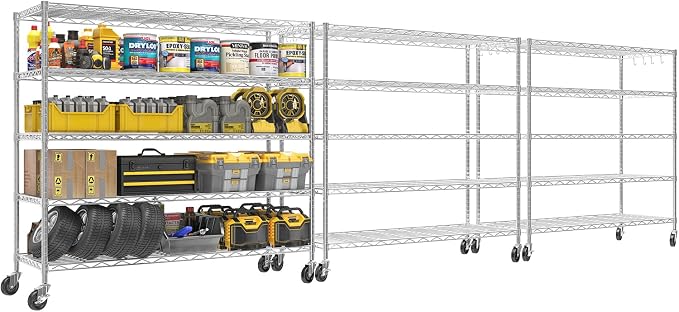 48" W Garage Shelving with Wheels Storage Shelves 5 Tier Wire Shelving Adjustable Metal Storage Shelves for Garage, Basement, Warehouse, Commercial, Industrial, 48" W x 81" H x 24" D 3Pack