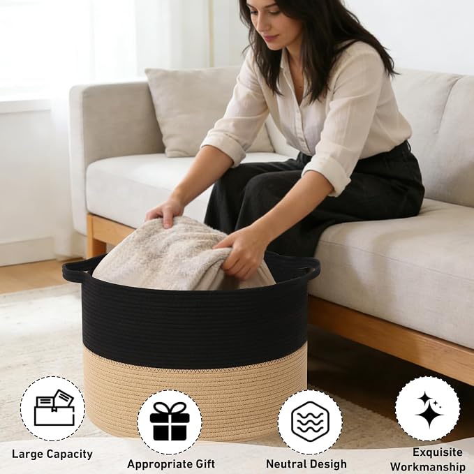 65L Large Blanket Basket,Woven Rope Laundry Basket Hamper with Handles,Decorative Nursery Basket Storage Bin for Toys, Pillows , Clothes Organizer, Living Room, Bedroom, Bathroom, Black&Camel