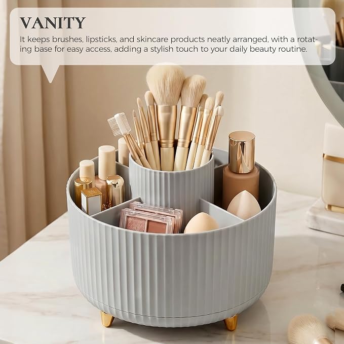 KONVINIT Pencil Pen Holder for Desk, 5 Slots 360-Degree Rotating Desktop Organizer, Cute Desk Organizers and Accessories for School, Home, Office and Art Supply, Grey