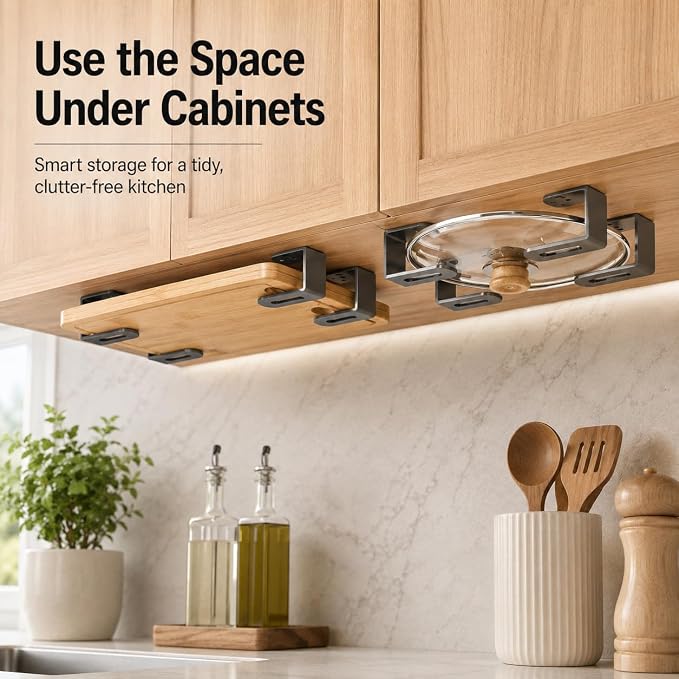 6 Pcs Under Cabinet Cutting Board Holder - Thicker Stainless Steel with Strong Adhesive & Nails, Cutting Board Holder Pot Lids Rack Storage Stainless Steel Under Shelf Counter Chopping Board(Grey)