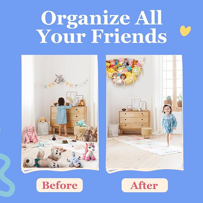 Lilly's Love Stuffed Animal Storage Macrame Hammock w/String Lights, Large - Boho Room Decor Toy Storage - Corner Hanging Plushie Stuffed Animal Net Organizer (White)