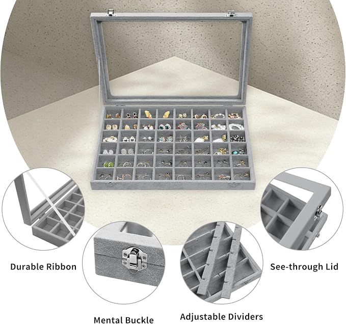 Stratalife 48 Grid Earring Organizer: Jewelry Holder Organizer Box with Clear Glass Lid, Velvet Jewelry Storage for Studs, Earrings, Rings, Necklace with Removable Dividers for Dresser, Grey