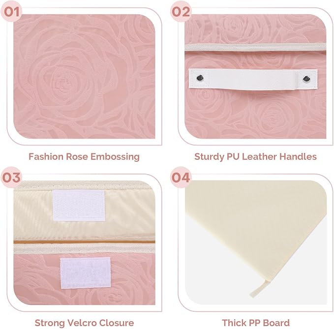 Lucky Monet Cute Storage Bin Boxes with Lids Washable Decorative Storage Boxes Pink Lidded Storage Baskets Collapsible Fabric Box Cubes with PU Leather Handles for Shelf Closet, 3 Pack Pink, Large
