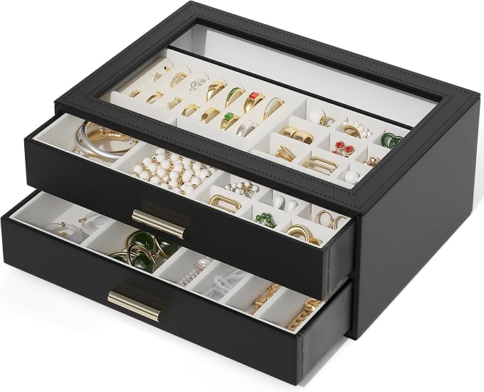 AKOZLIN Jewelry Box with Clear Lid Functional Leather Jewelry Storage Organizer Case 2 Drawers for Women Girls Necklace Ring Bracelet Earring