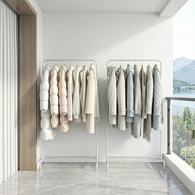 Small White Clothing Rack 2 Pack, Metal Garment Rack No Wheels, Free Standing Clothes Rack with Bottom Shelf for Hanging Clothes, Space Saving Closet Organizer for Bedroom, Laundry Room