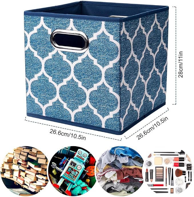 Square Fabric Cube Storage Bins 10.5x10.5 x 11In Blue Cloth Storage Cubes Baskets Foldable Storage Boxes Decorative Cubicle Strorage Inserts Cubes Drawer Organizer Closet,QY-SC09-6