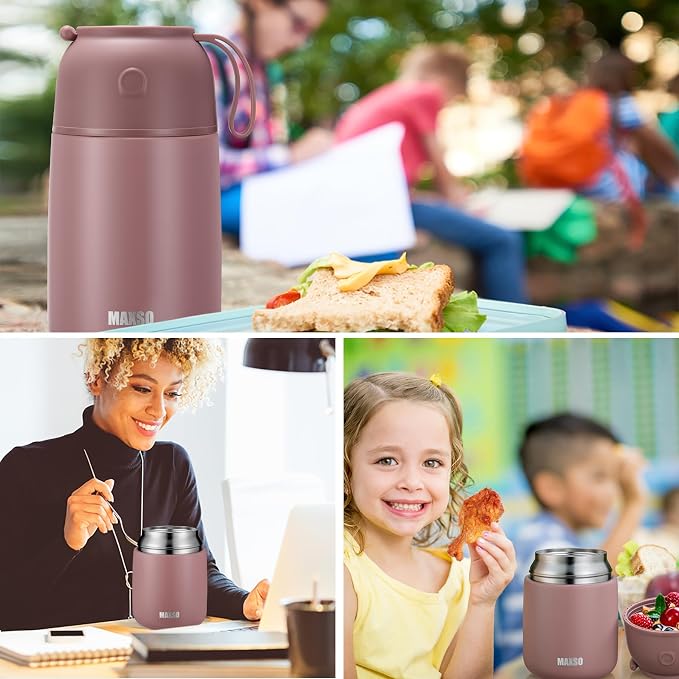 MAXSO 2 Pack Soup Thermo for Hot & Cold Food for Kids Adults, Vacuum Insulated Food Jar Thermal Lunch Containers, Travel Food Flask with Spoon (24 oz,17 oz) (Dusty Rose)