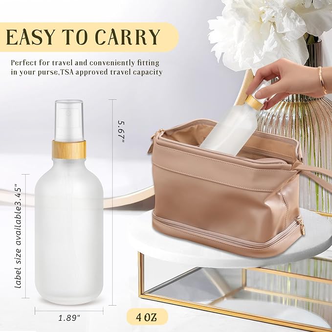 4-Pack 4 Oz Glass Spray Bottle with Bamboo Lid,Empty Refillable Fine Mist Atomizer,Leak-Proof Travel Liquid Holder Container for Cologne,Essential Oils,Room Sprays,Cleaning Solutions (Frosted)