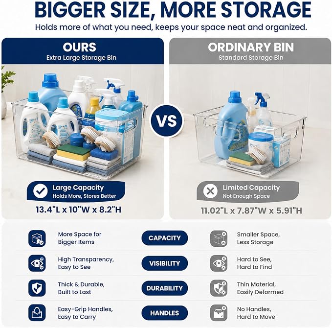 MOONEDGE 8 Pack XL Clear Storage Containers 13x10x8in Plastic Organizers | Clear Bins for Organizing, Organizer Bins with Handles, Garage, Pet Supplies, Linen Storage, Utility Shelf, Cleaning Supplies