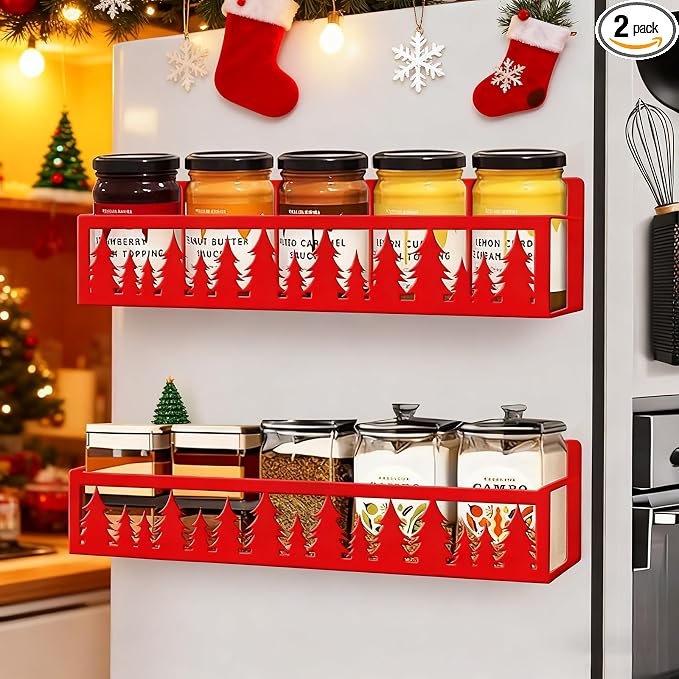 JarThenaAMCS 2Pcs Christmas Magnetic Spice Rack for Refrigerator Red Xmas Tree Metal Basket Shelf Seasoning Storage Organizer Holder for Home Kitchen Fridge Decor Accessories