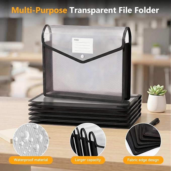 6 Pack Plastic Expanding File Folder, Black File Folder Organizer | Folders for Documents with Snap Closure, Transparent Accordion File Pouch, No Dividers, Large Capacity, Fit Letter/A4 Size