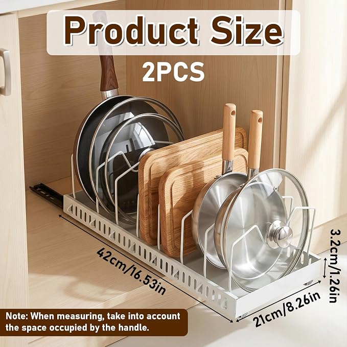 2 Pack Pull Out Pots And Pans Organizer Under Cabinet, Sliding Lid | Holder and Pan Rack, Slide Out Inside Cabinet Storage for Pot Lid Bakeware Dishes, 8 Adjustable Dividers, White