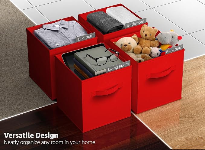 Sorbus Foldable Storage Cubes - 6 Fabric Baskets for Organizing Pantry, Shelf, Toy Box, Cubby, Closet Organizer - 11 Inch Collapsible Closet Organizers and Storage Bins - Red Storage Cubes with Handle