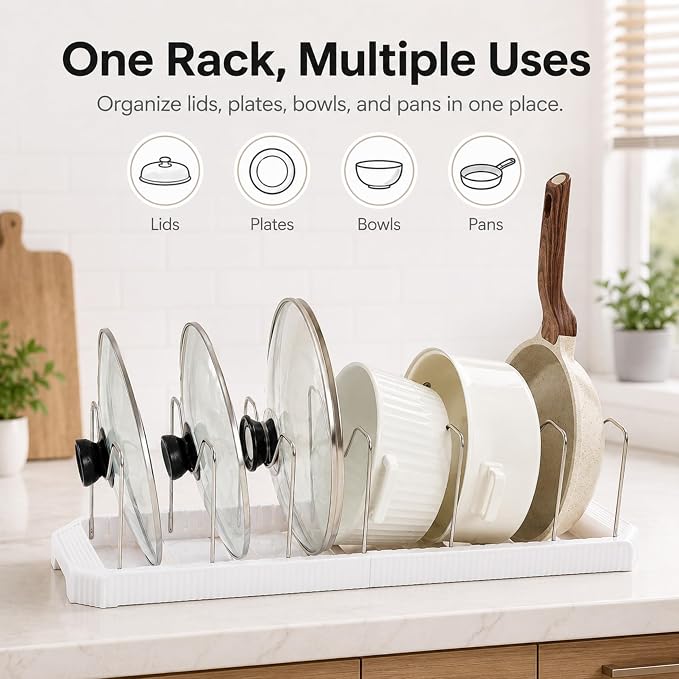 Pots and Pans Organizer Under Cabinet, Adjustable Pot and Pan Organizer Rack, 7 Stainless Steel Dividers, Pot Lid Organizer for Cabinet, Expandable Pan Organizer for Pots, Pans, Lids, Plates White