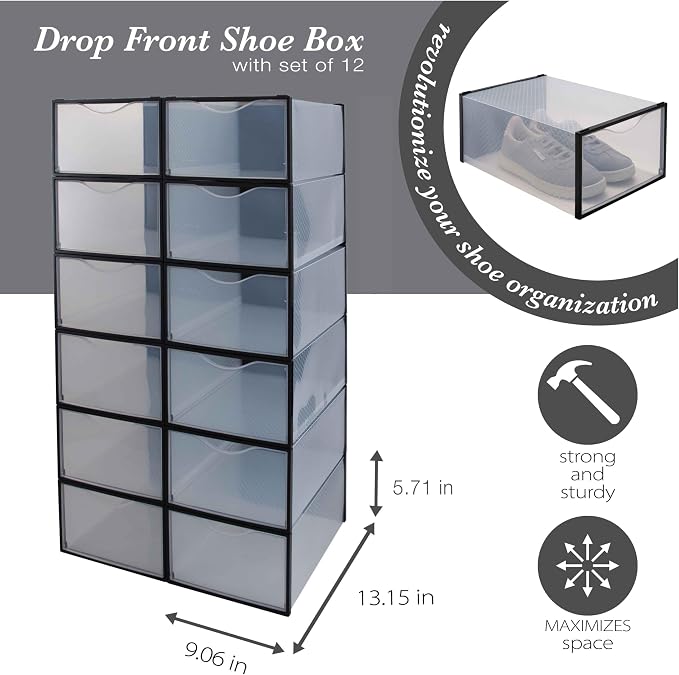 Simplify Set of 12 Stackable Shoe Boxes | Customizable | Fits Size 11 Shoes | Drop Front Design | Closet Storage | Sneakers | Heels | Clear and Black