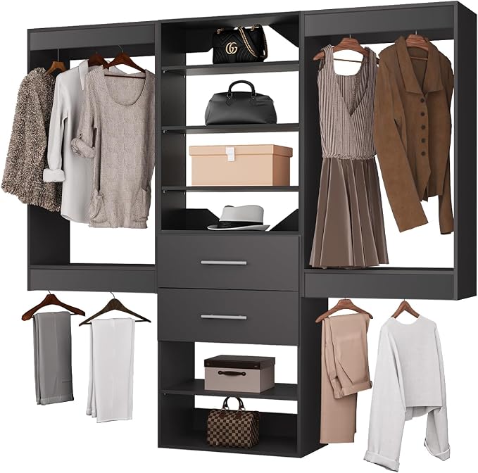 ROOMTEC Modular Closet System, 84" Wall Mounted Closet Organizer with Hanging Rods and Drawers, Wooden Tower for Walk-In Closets, Wardrobe Storage Kit, Black