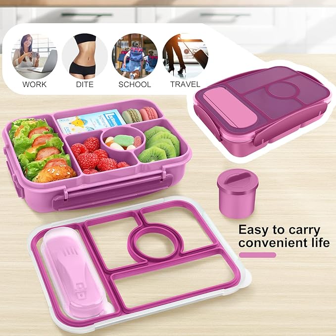 Lunch Box Kids,Bento Box Adult,Lunch Containers for Adults/Kids/Toddler,5 Compartments Bento Lunch Box with Sauce Vontainers,Microwave & Dishwasher & Freezer Safe(Purple)