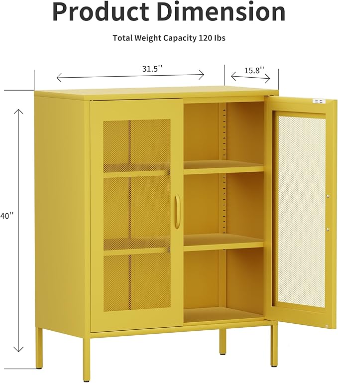Washsemba Metal Storage Cabinet with Mesh Doors,Steel Display Cabinet with Adjustable Shelves,Metal Office Storage Locker for Home Office,Garage(Yellow, 40''H)