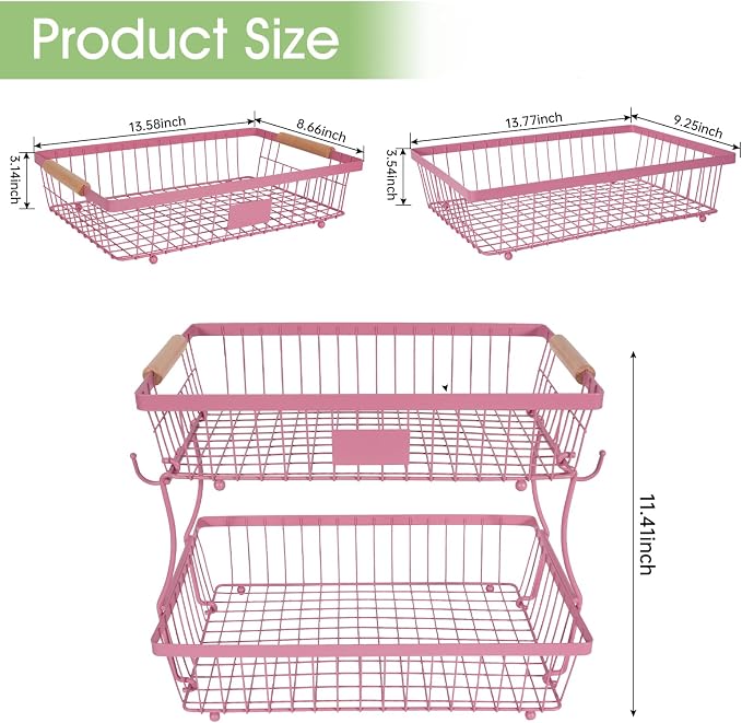 Fruit Basket Bowl 2 Tier Detachable with 2 Banana Hangers, Fruit Stand Holder for Kitchen Countertop, Metal Wire Vegetable Storage Organizer, for Bread Snack Veggies Produce, pink