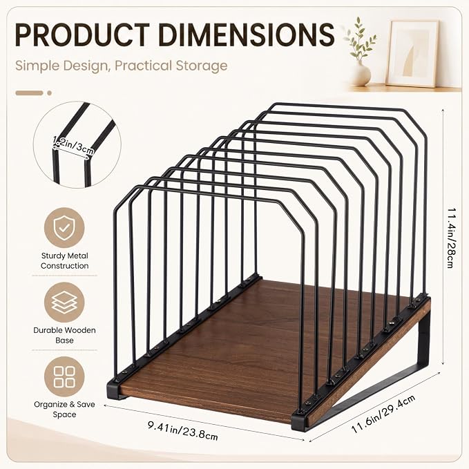 Novabright 1 Pack Inclined Desk File Organizer 9 Section Metal Vertical Folder Holder with Wooden Base Desktop Mail Sorter Step Magazine Document Paper Binder Holder for School Classroom Home Office