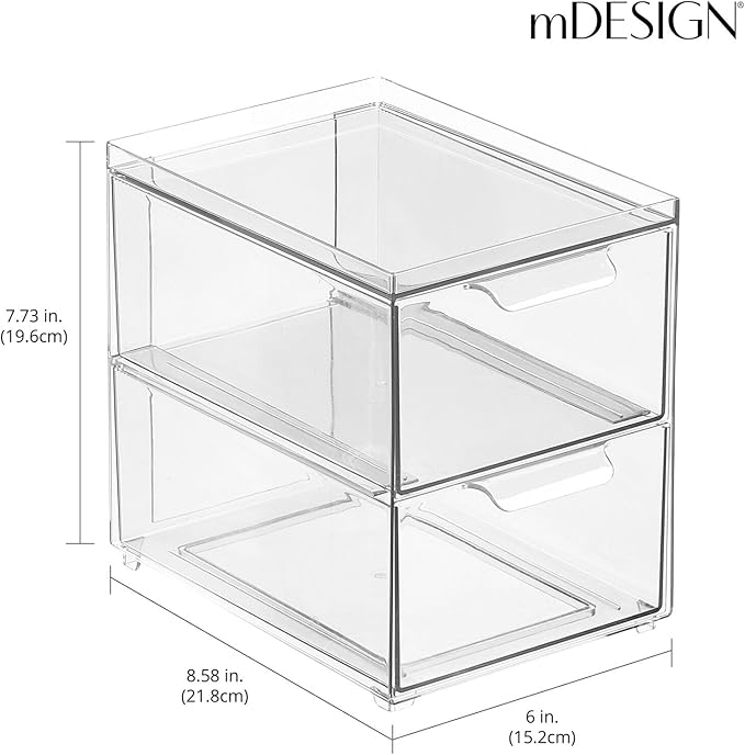mDesign Stackable Storage Containers Box with 2 Pull-Out Drawers - Stacking Plastic Drawer Bins for Closet Organization, Linen, Coat, Bedroom or Entryway Closets - Lumiere Collection - 4 Pack, Clear
