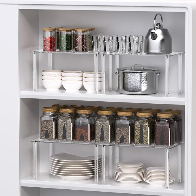 Acrylic Cabinet Organizer, Clear Cabinet Organizer Shelf, Stackable, Expandable, Spice Rack, Adjustable Counter Shelf for Makeup, Bathroom, Cupboard, Desk, Kitchen Pantry Organization (Clear-4PACK)