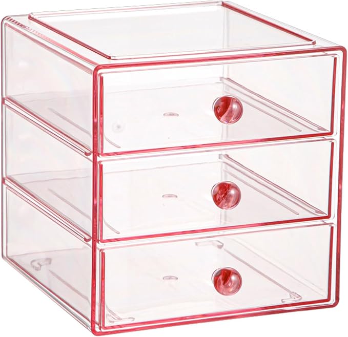 AJIODA Makeup Drawer Organizer Box with 3 Drawers, Acrylic Cosmetic Display Case Vanity Organizer Jewelry Storage Box Stackable Storage for Cosmetics, Skin Care, Bathroom, Countertop, Pink