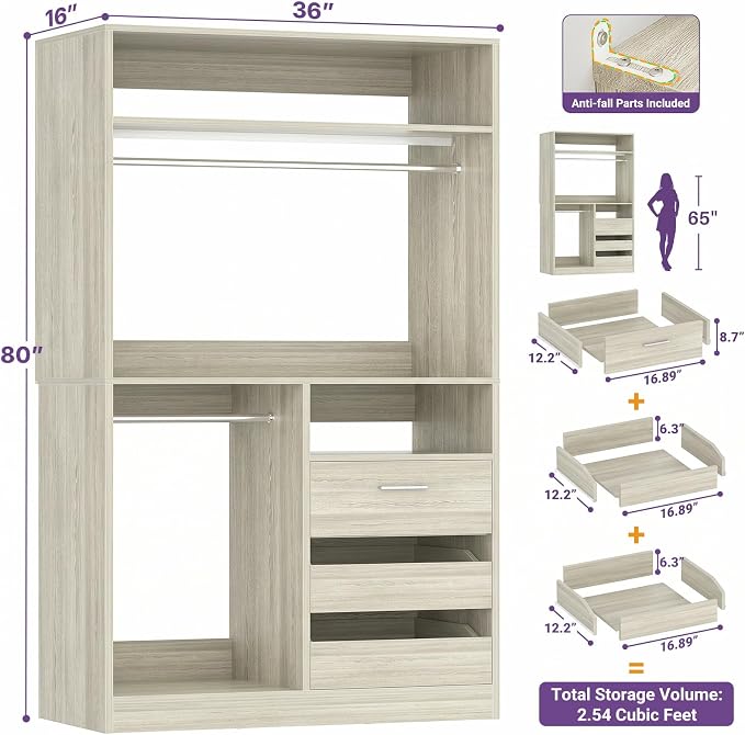 iSunirm 36'' Closet System with Long Hanging Rods, 3FT Modular Closet Organizer System with 4 Shelves, Wood Walk-in Closet with Closed & 2 Half-Open Drawers, 80" H Adjustable Garment Rack, White Oak