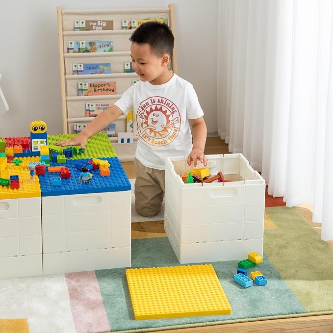 SHIMOYAMA Collapsible Storage Box with Building Baseplate Lid for Duplo Blocks, 26 Qt. Stackable Bricks Storage Bins for MEGA BLOKS, 25L Folding Utility Container for Lego Duplo Bricks, Red