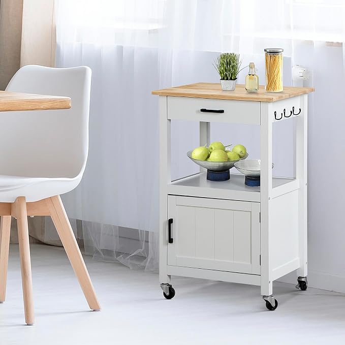Nova Microdermabrasion Kitchen Island Cart on Wheels, Rolling Kitchen Cart with Single Door Cabinet, Mobile Small Coffee Cart Microwave Oven Cart Serving Cart for Dining Room, White