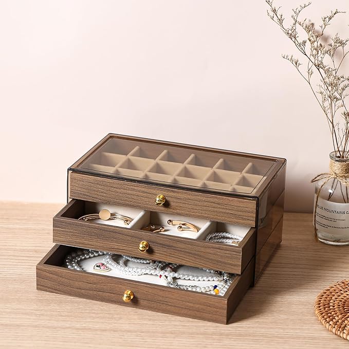 3 Layer Wooden Drawers Jewelry Box Vintage Style Jewelry Organizer with Acrylic Cover, Jewelry Storage Display Box for Ring Earrings Necklace Bracelet Box for Women and Girls(Walnut Color)(A)