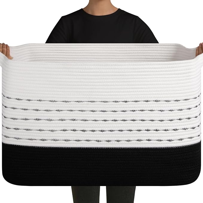 OIAHOMY 108L Extra Large Blanket Basket, 25”x16”x16” Rectangle Woven Cotton Rope Baskets for Living Room, Toy Storage with Handle- Gradient Black