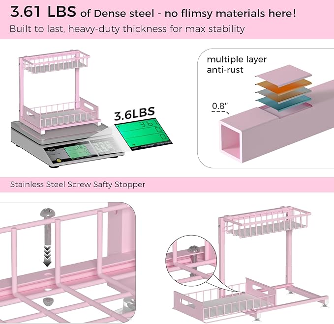 L-Shaped Under Sink Organizer, 2 Pack 2-Tier Pull Out Metal Kitchen Cabinet Organizer with Sliding Storage Drawer, Height Adjustable Heavy Duty Under Bathroom Sink Storage for Cleaning Supplies