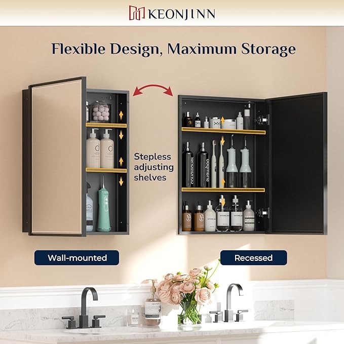 Keonjinn 16" x 24" Black Medicine Cabinets for Bathroom with Mirror Recessed or Surface Wall-Mounted Aluminum Alloy Framed Beveled Mirror, Single Door Metal Bathroom Vanity Mirror with Storage Cabinet