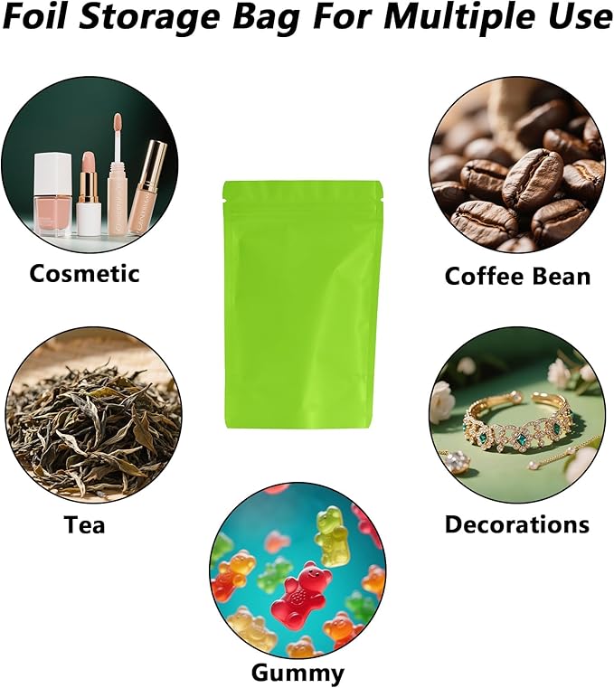 100PCS Smell Proof Resealable Pouch Bags,ULIFESTAR Aluminum Foil Flat Food Storage Bag,Sealable Pcsaging Zipper Pouches with Tear Notches for Pcsaging Lipgloss,Jewelry,etc(10*15cm/3.94*5.91",Green)