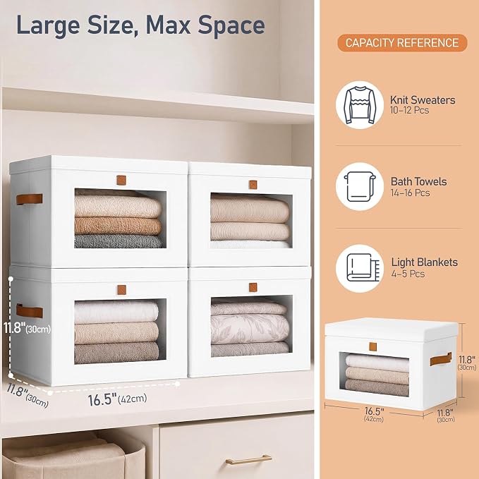DIMJ Storage Bins with Lids - 6 Pack Front Opening Stackable Fabric Storage Boxes with Clear Window & Handles, Collapsible Closet Organizers for Clothes, Sweaters, Shelf Storage, Bedroom, White