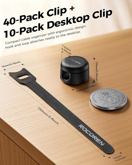 Rocoren 50 PCS Cable Management Kit, 10 Magnetic Rotatable Cable Clips & 40 Reusable Hook and Loop Cord Straps, Cord Holder Organizer Accessories for Under Desk, Nightstand, Home & Office