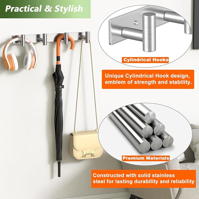 Wall Mounted Coat Rack-4 Hooks, Heavy Duty Stainless Steel Wall Hooks for Towel Coat Bag, Hat Rack Coat Hanger Coat Hooks Towel Racks for Bathroom Entryway Kitchen Hotel (Silvery, 1 Pack)