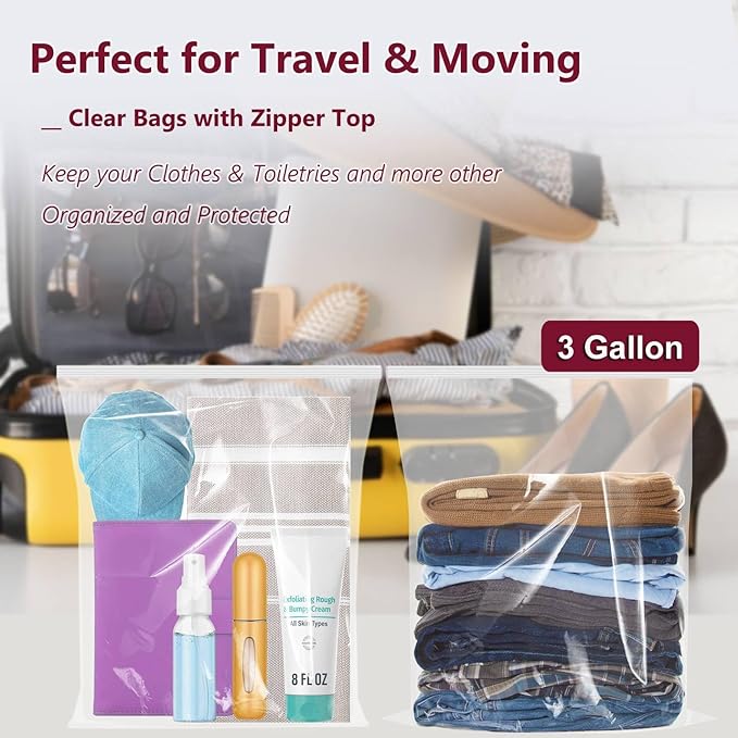 Large Plastic Bags With Zipper Top,3 Gallon,16" x 18",10 Pack,Extra Large Storage Packing for Clothes,Travel, Moving, Large Reusable bags,Heavy-Duty,BPA-Free, 2-mil Thick Clear Plastic