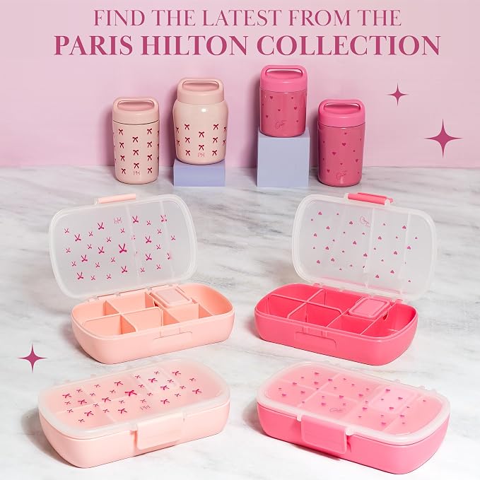 Paris Hilton Stainless Steel Food Jar, Double Wall Vacuum Sealed Insulated Food Storage Container with Carry Handle Lid, 16-Ounce, Pink with Heart Design