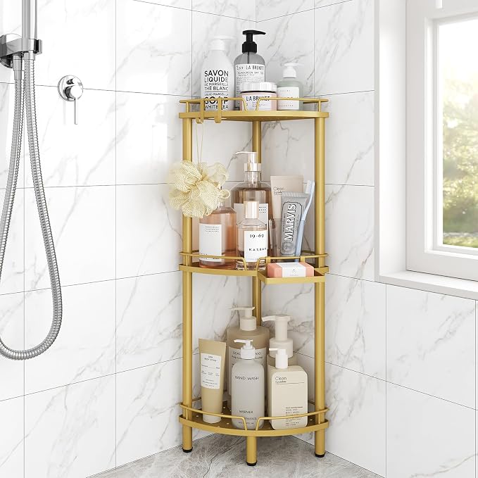 ELYKEN Corner Shower Caddy Standing, 3 Tier Rustproof Metal Shower Organizer with Soap Holder, Floor Shower Corner Shelf Rack Storage Stands with Adjustable Feet & 2 Hooks for Bathroom, Gold