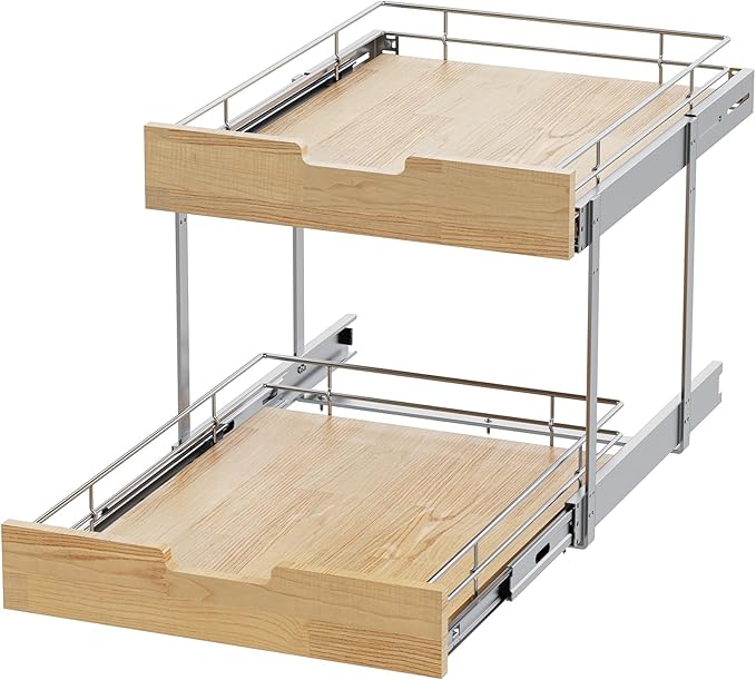 Sikarou Pull Out Cabinet Organizer,Heavy-Duty Slide Out Shelf, Wood and Wire Basket, Pull Out Drawer for for Kitchen Under Sink Space, Pantry, Bathroom, 2 Tie 23 * 21 in