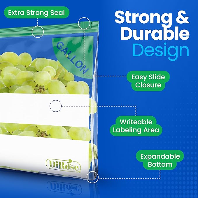 DiRose Gallon Slider Storage Bags, Easy Open Zip, Ideal for Food Storage and Organization, 100 Count