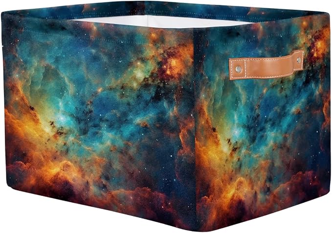 Cube Storage Bins for Shelves, Blue Orange Nebula Print Collapsible Fabric Toys Storage Basket Box with Handles for Home Office Bedroom Closet