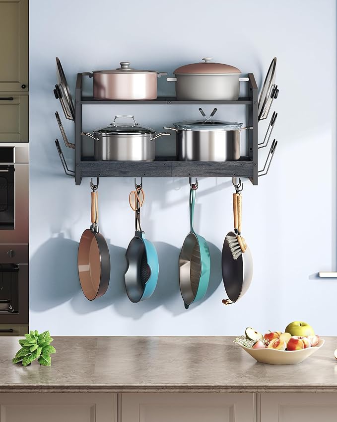 CHOEZON Hanging Pot Rack, Pot Rack Wall Mounted, 2-Tier Kitchen Pot and Lid Organizer, Wall-Mounted Cookware Holder with 12 Hooks, for Kitchen Storage of Pots, Pans, Utensils, Charcoal Black TPR02BC
