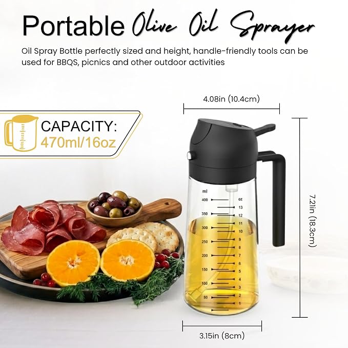 COOKENZA- 16oz/470ml Glass Olive Oil Sprayer for Cooking - 2 in 1 Oil Dispenser & Mister for Air Fryer, Salad & BBQ - Refillable, Food Grade - Black
