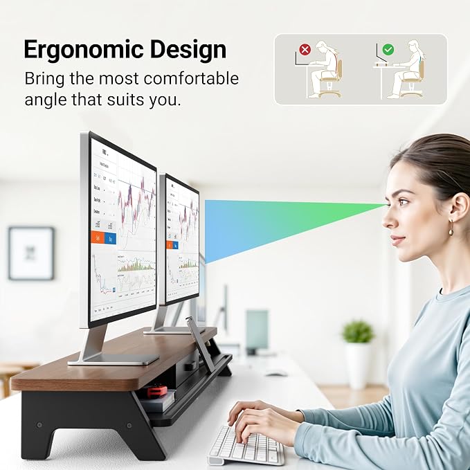 AFOOYO Dual Monitor Stand Riser,LED 2-Tier 39.3 Inch Computer Monitor Stand for 2 Monitors,Office Desktop Organizer with Storage Drawer and Phone Holder for Laptop,PC,Computer,Printer,Walnut